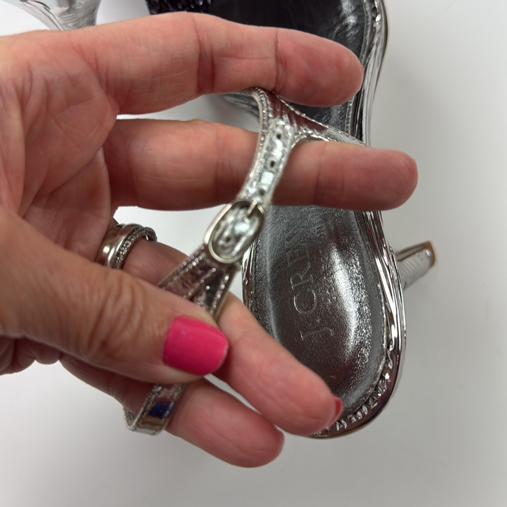 New J.Crew Collection Italian silver sandal heels with navy sequin flower - Picture 7 of 8
